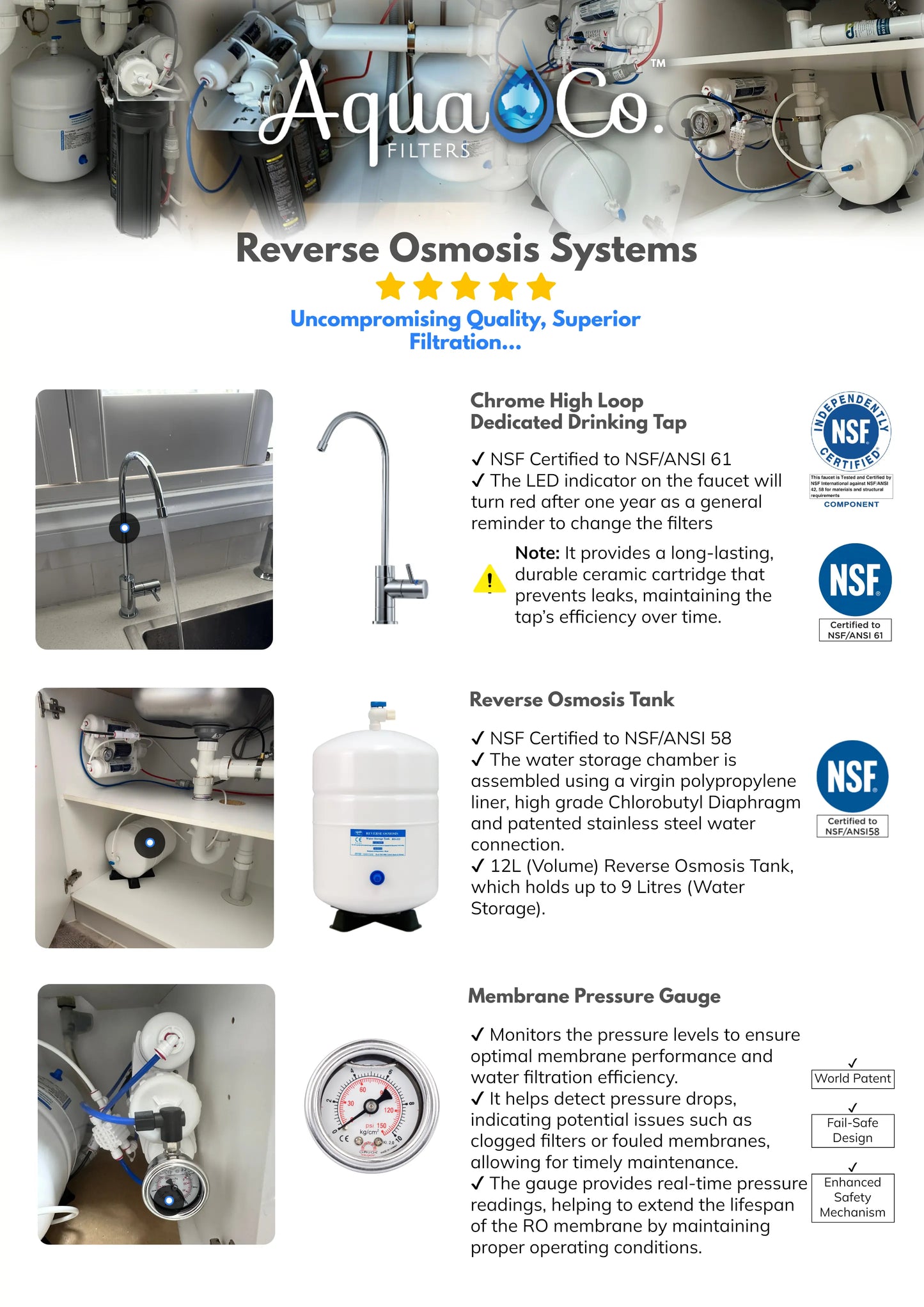 AquaCo 5 Stage Undersink Reverse Osmosis Drinking Water Filter System