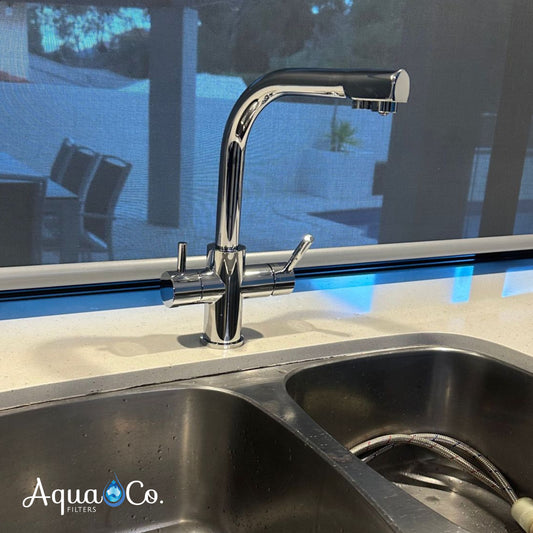 AquaCo Chrome L Shape 3-Way Mixer with LED Filter Change Reminder - Model: 3W-SL-CH