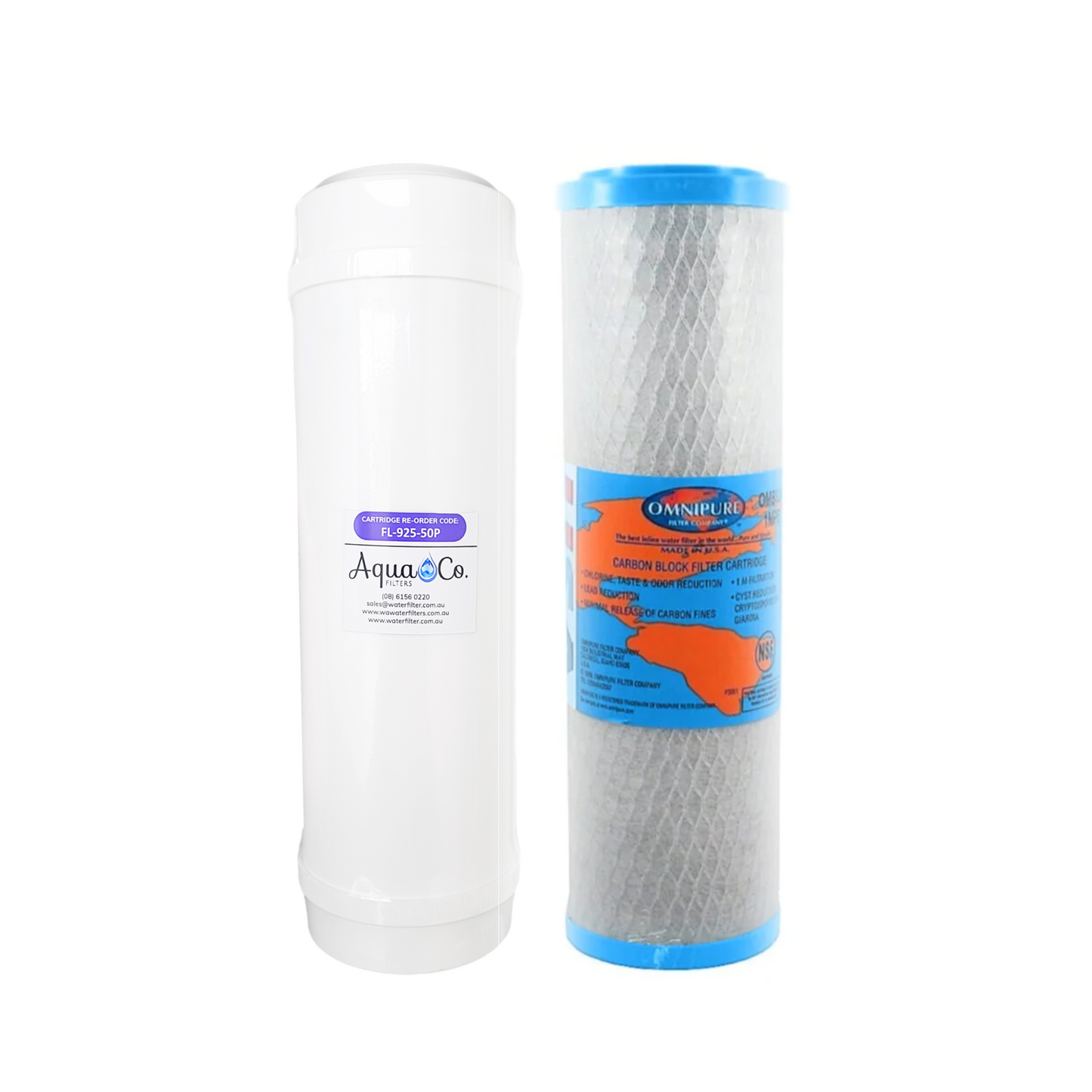AquaCo 9" x 2.5" Fluoride and Carbon Replacement Filters - Reduce Chlorine, Taste, Odours, Parasites, Lead and Fluorides