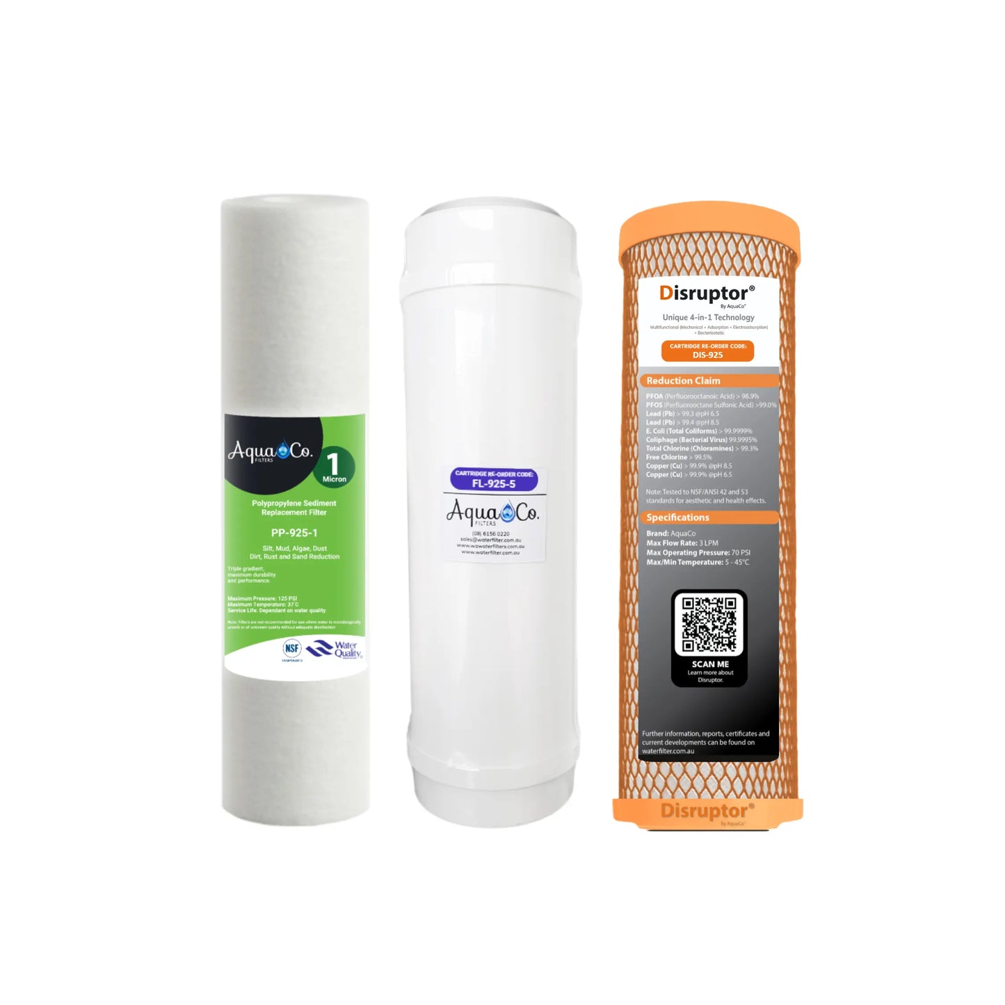 AquaCo 9" x 2.5" Sediment, Fluoride and Disruptor® Replacement Filters - REP-925SFD - Reduce PFAS Compounds, Chlorine, Taste, Odours, Parasites, Bacteria, Lead and Fluorides