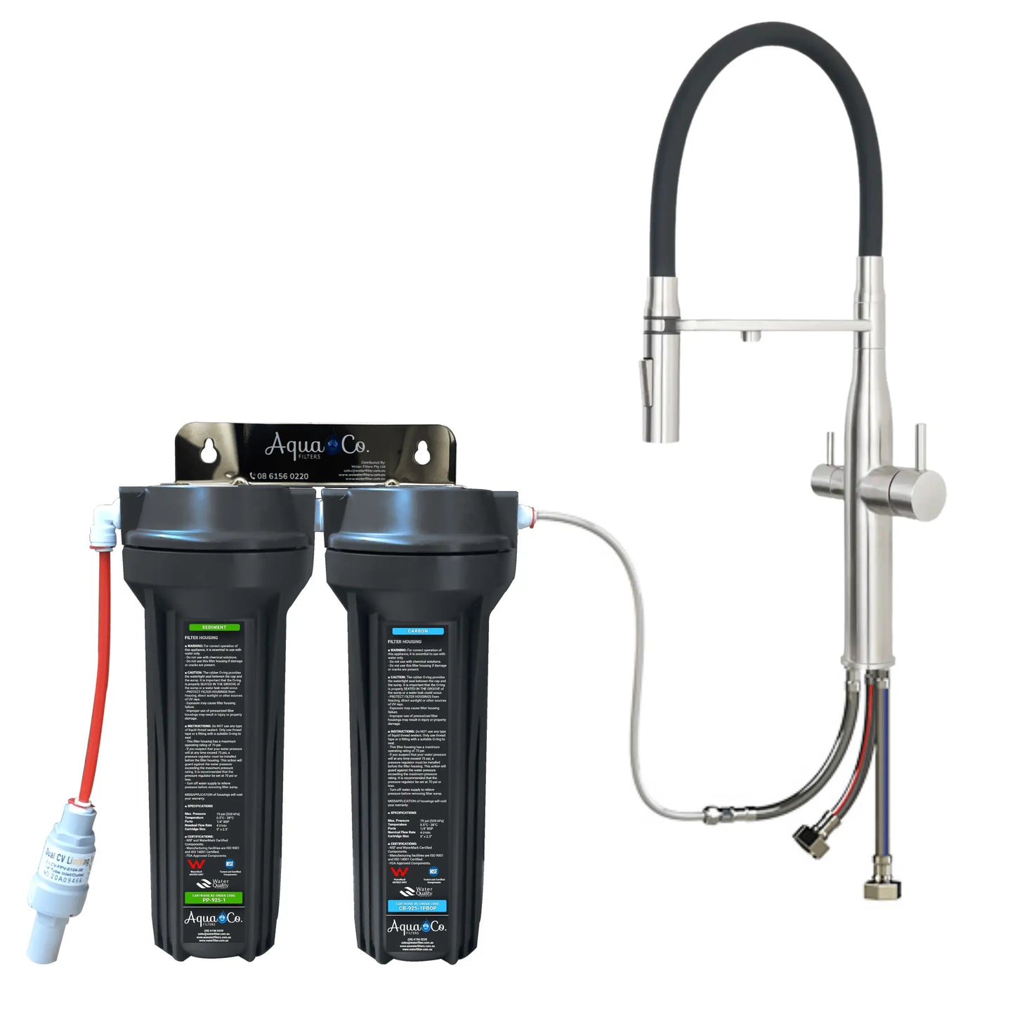 3 Way Mixer Tap with AquaCo SYS-925SC Undersink Water Filter - Reduces Chlorine, Taste, Odours, Parasites, and Lead.