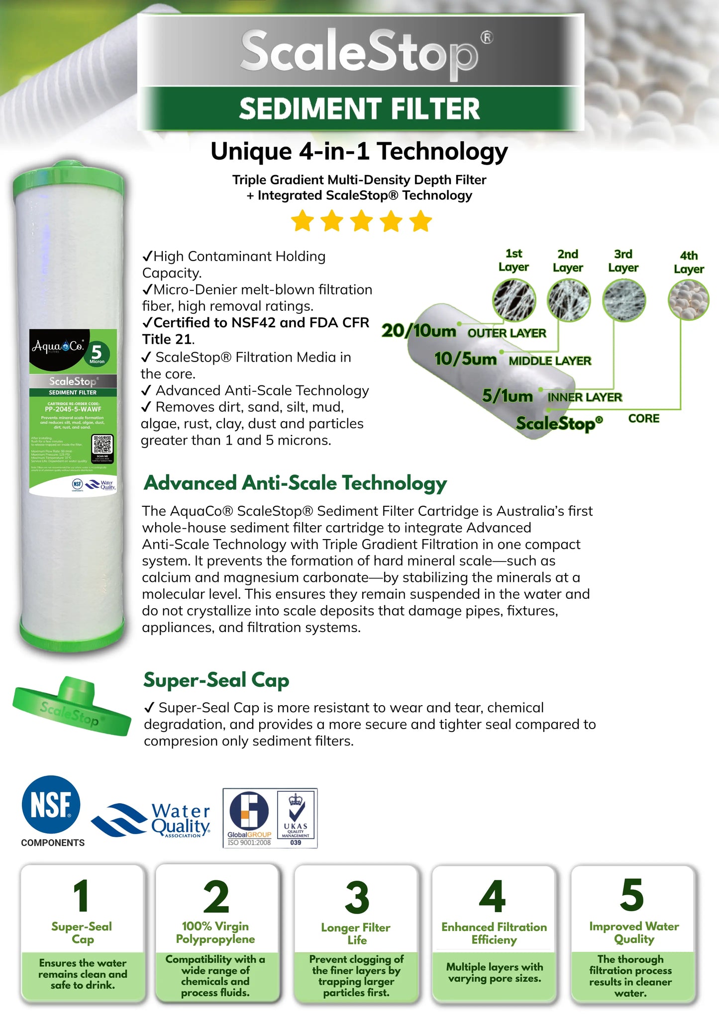AquaCo® 20" x 4.5" Triple Gradient ScaleStop® Sediment Filter