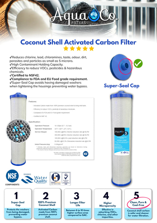 AquaCo 20" x 4.5" 5 Micron Carbon Block Cartridge