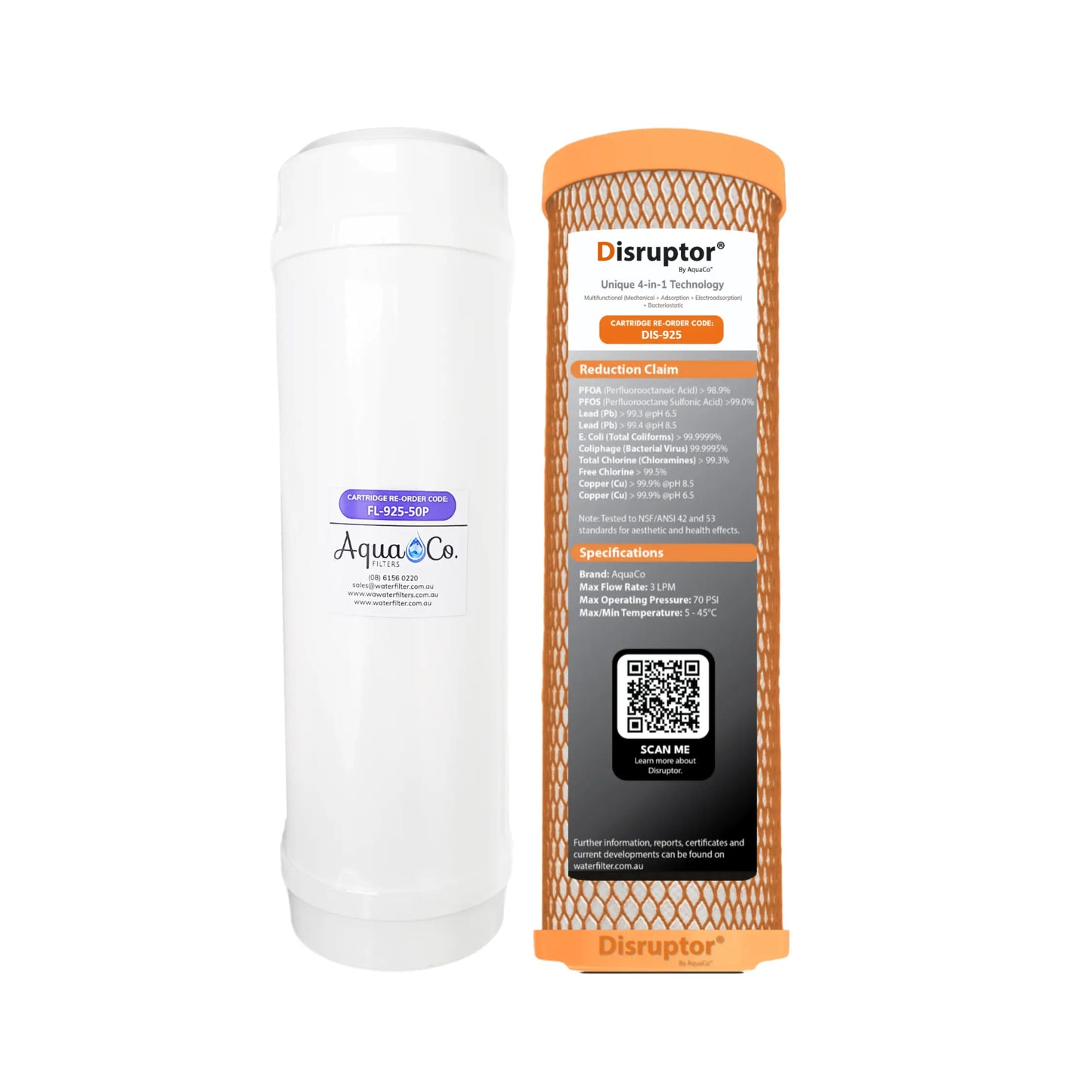 AquaCo 9" x 2.5" Fluoride and Disruptor® Replacement Filters - Reduce PFAS Compounds, Chlorine, Taste, Odours, Parasites, Bacteria, Lead and Fluorides
