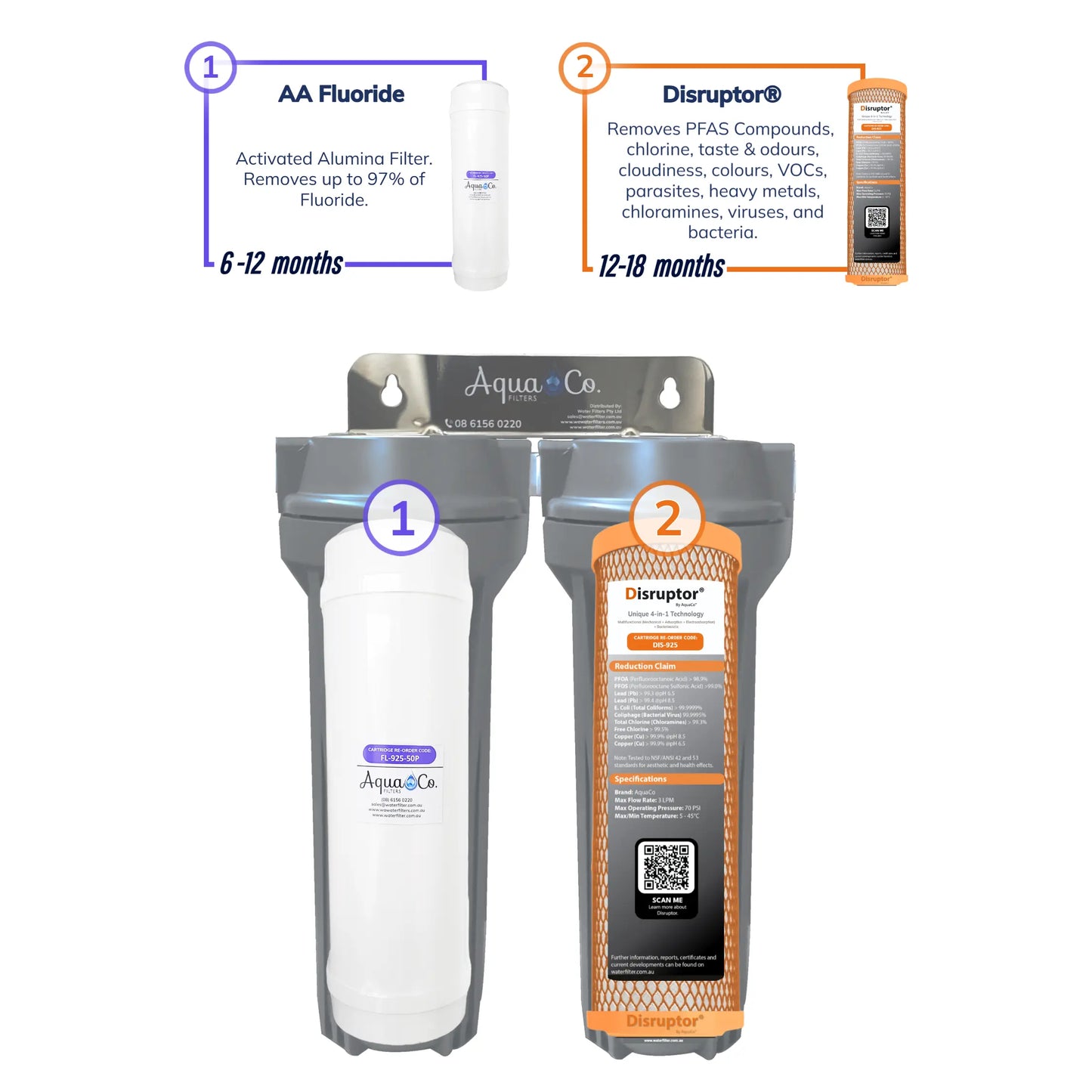 3 Way Mixer Tap with AquaCo SYS-925FD Undersink Water Filter - Reduces PFAS Compounds, Chlorine, Taste, Odours, Parasites, Bacteria, Lead and Fluorides.
