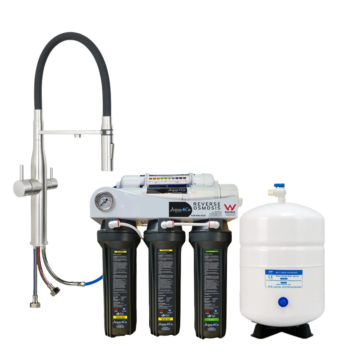 Bundle Deal: AquaCo 5 Stage Reverse Osmosis with 3 Way Mixer – Avoid Drilling a Hole and Replace Your Kitchen Mixer with a 3 Way Tap
