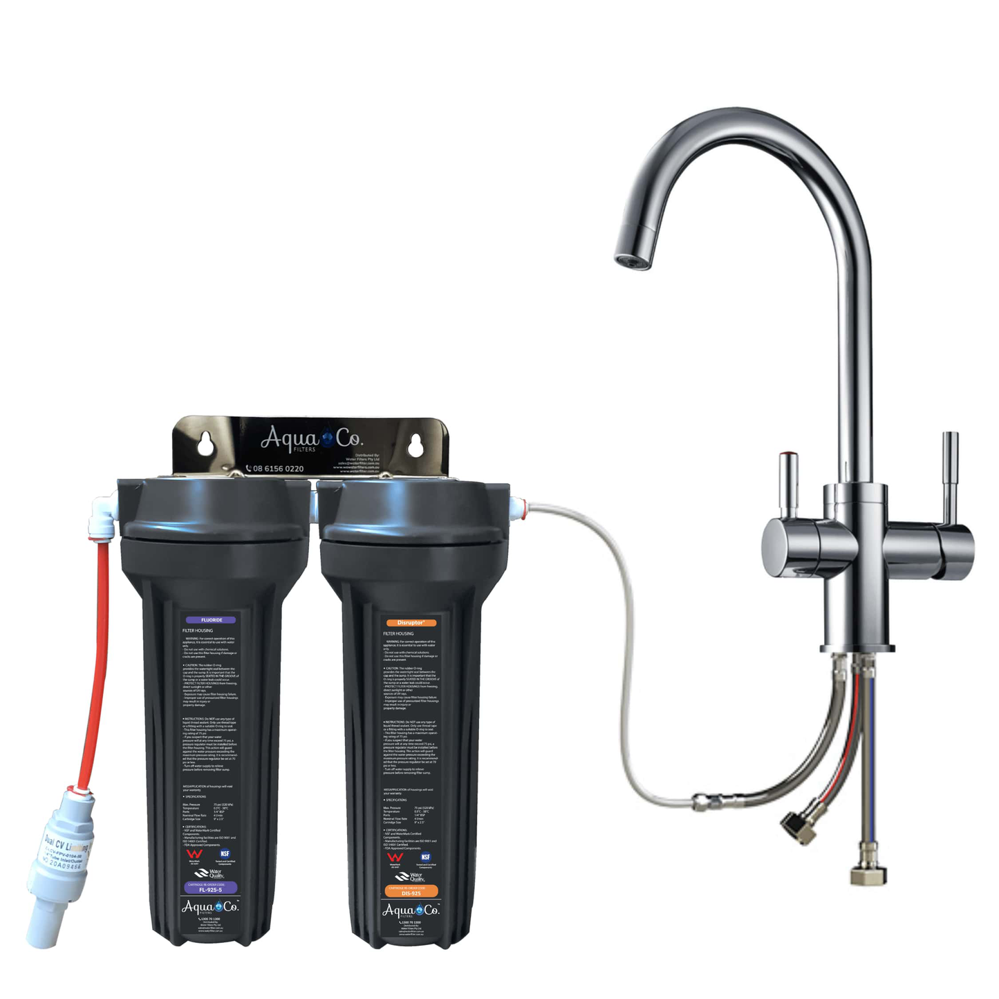 3 Way Mixer Tap with AquaCo SYS-925FD Undersink Water Filter - Reduces PFAS Compounds, Chlorine, Taste, Odours, Parasites, Bacteria, Lead and Fluorides.