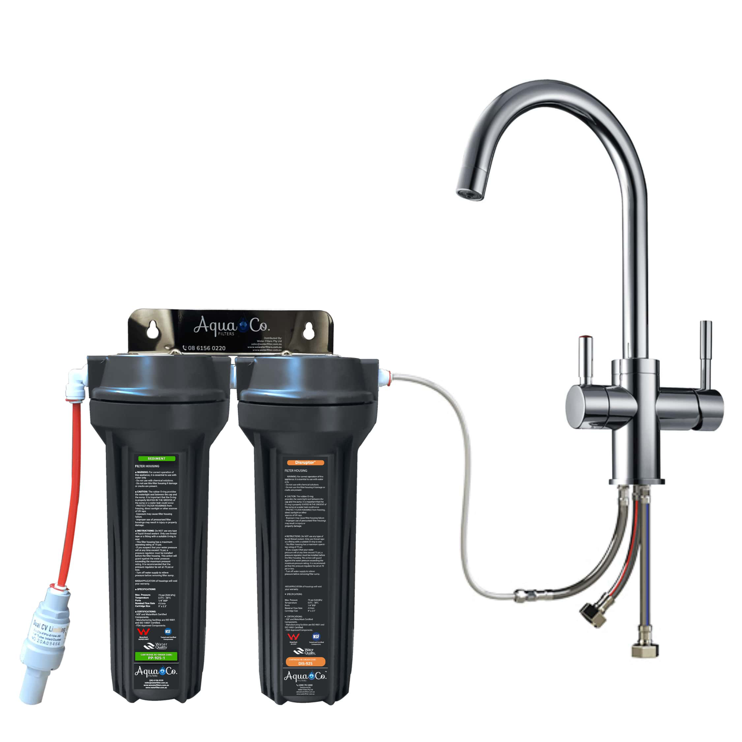 3 Way Mixer Tap with AquaCo SYS-925SD Undersink Water Filter - Reduces PFAS Compounds, Chlorine, Taste, Odours, Parasites, Bacteria and Lead.