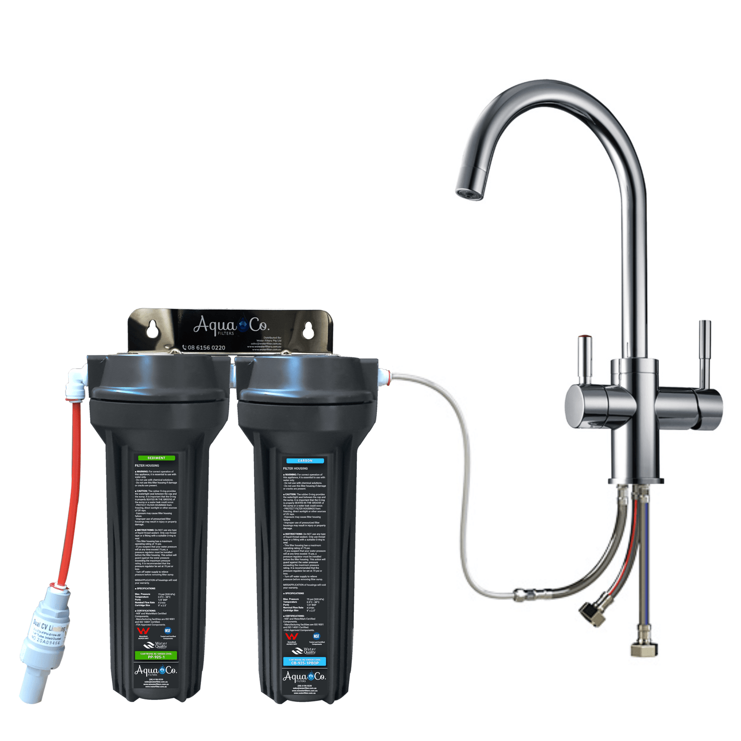 3 Way Mixer Tap with AquaCo SYS-925SC Undersink Water Filter - Reduces Chlorine, Taste, Odours, Parasites, and Lead.