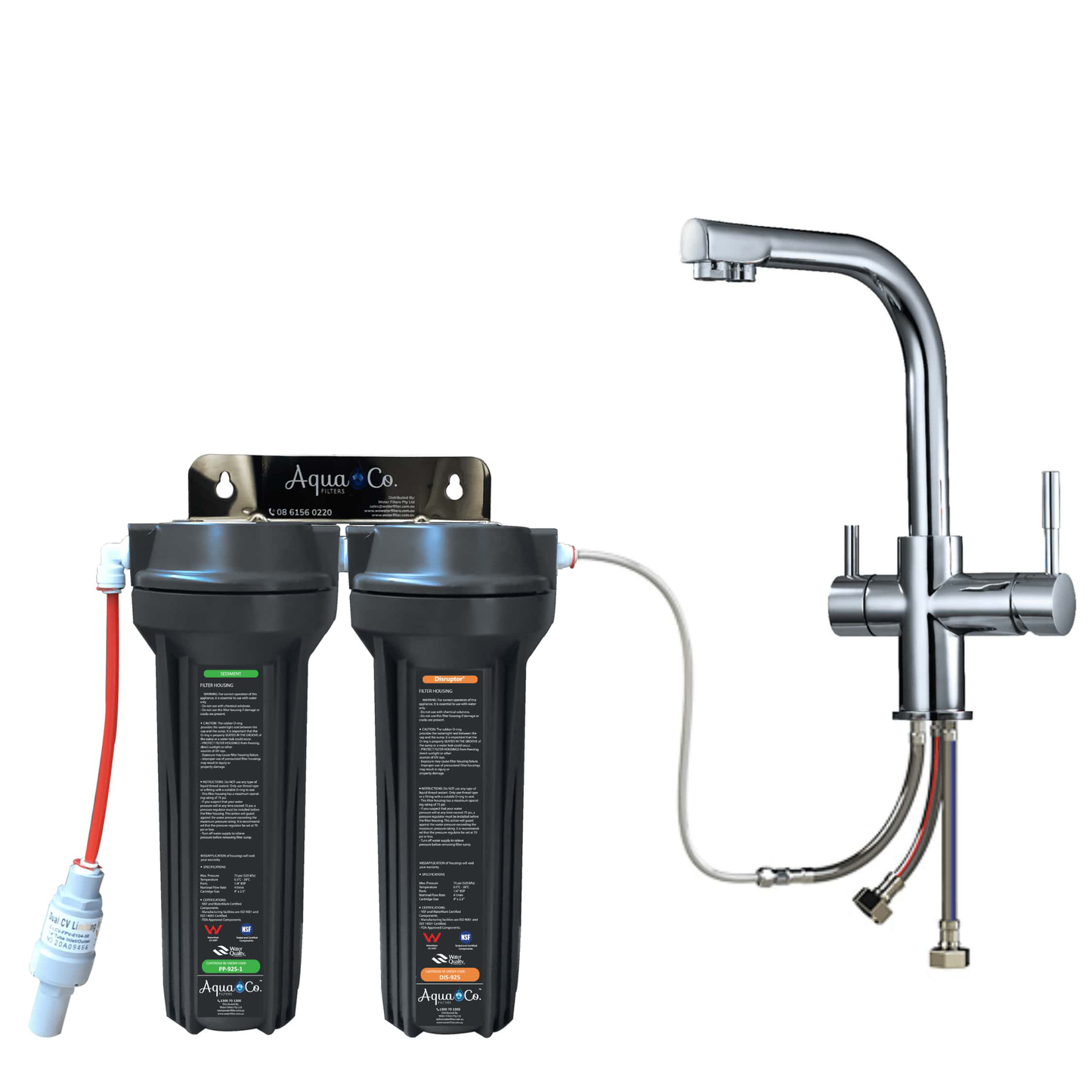 3 Way Mixer Tap with AquaCo SYS-925SD Undersink Water Filter - Reduces PFAS Compounds, Chlorine, Taste, Odours, Parasites, Bacteria and Lead.