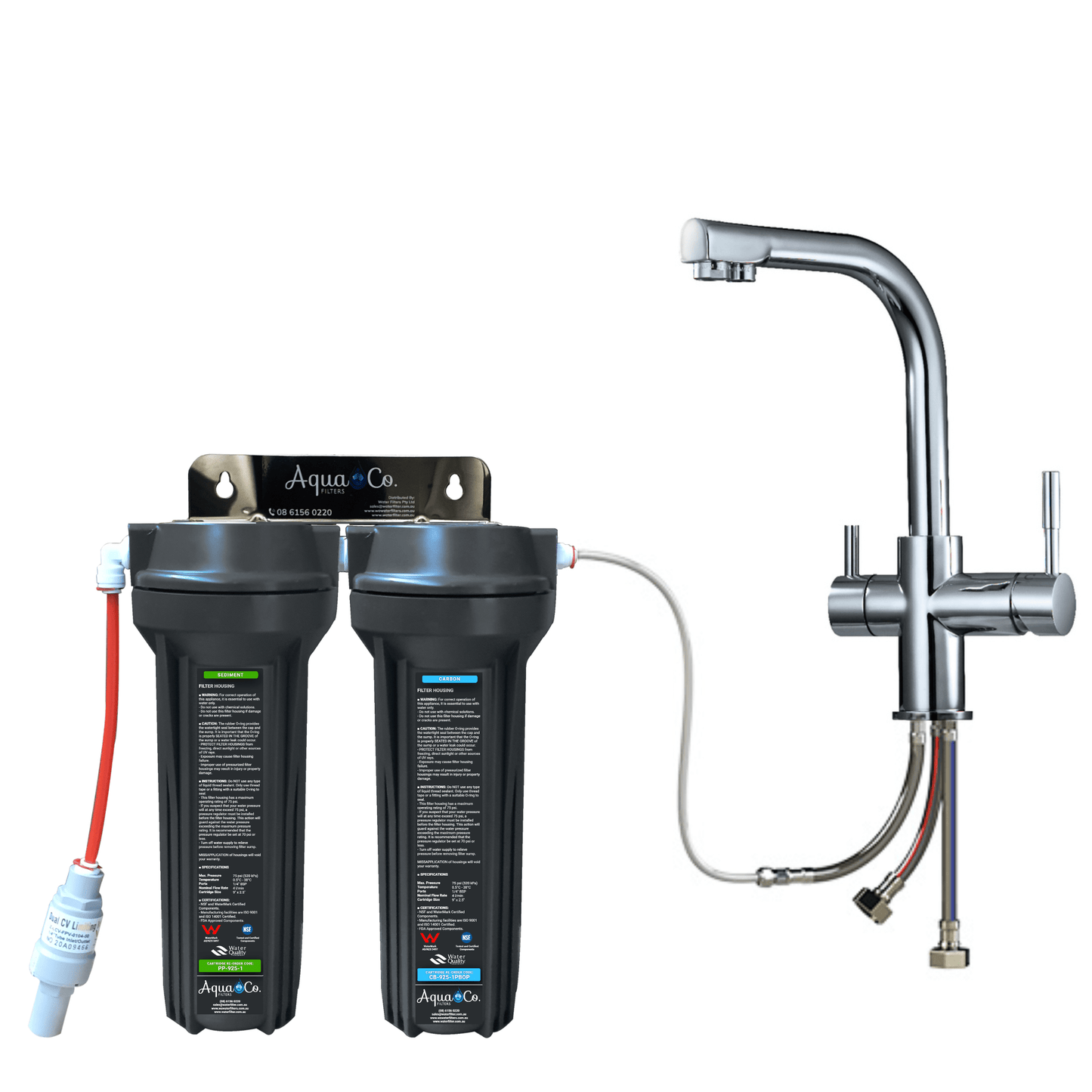 3 Way Mixer Tap with AquaCo SYS-925SC Undersink Water Filter - Reduces Chlorine, Taste, Odours, Parasites, and Lead.