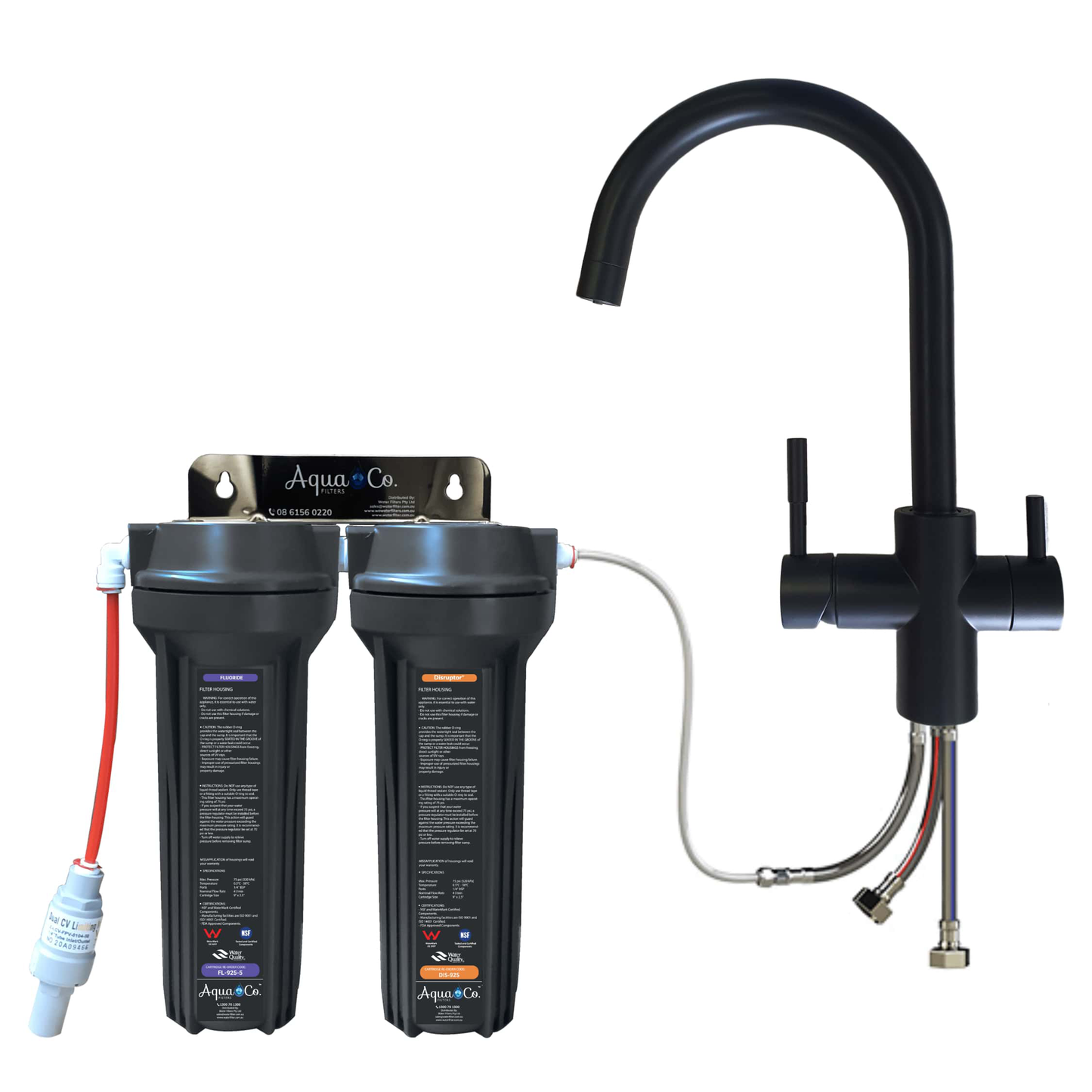 3 Way Mixer Tap with AquaCo SYS-925FD Undersink Water Filter - Reduces PFAS Compounds, Chlorine, Taste, Odours, Parasites, Bacteria, Lead and Fluorides.