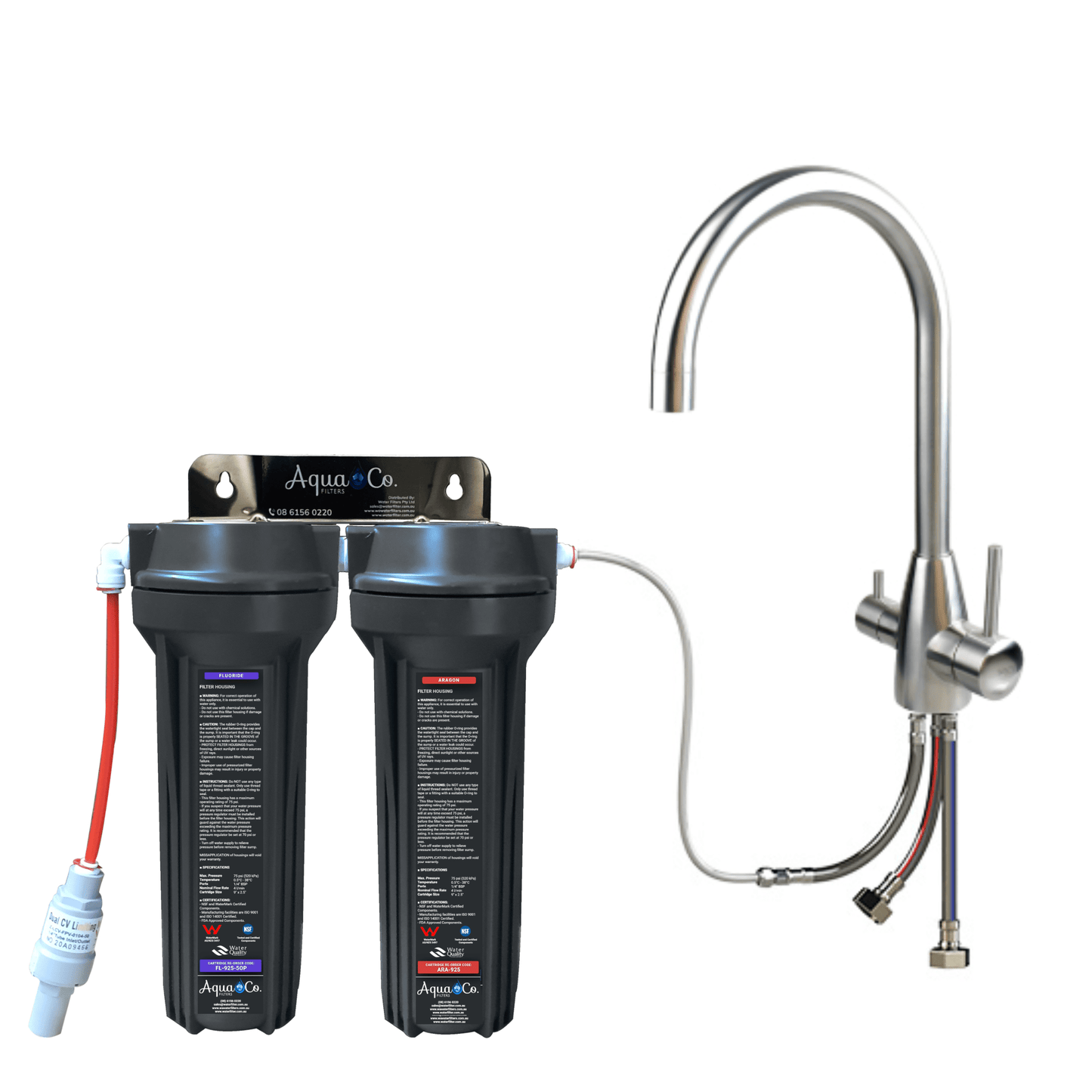 3 Way Mixer Tap with AquaCo SYS-925FA Undersink Water Filter - Reduces Chlorine, Taste, Odours, Parasites, Bacteria, Lead and Fluorides.