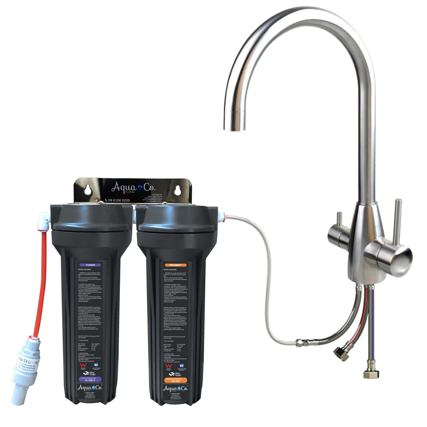 3 Way Mixer Tap with AquaCo SYS-925FD Undersink Water Filter - Reduces PFAS Compounds, Chlorine, Taste, Odours, Parasites, Bacteria, Lead and Fluorides.