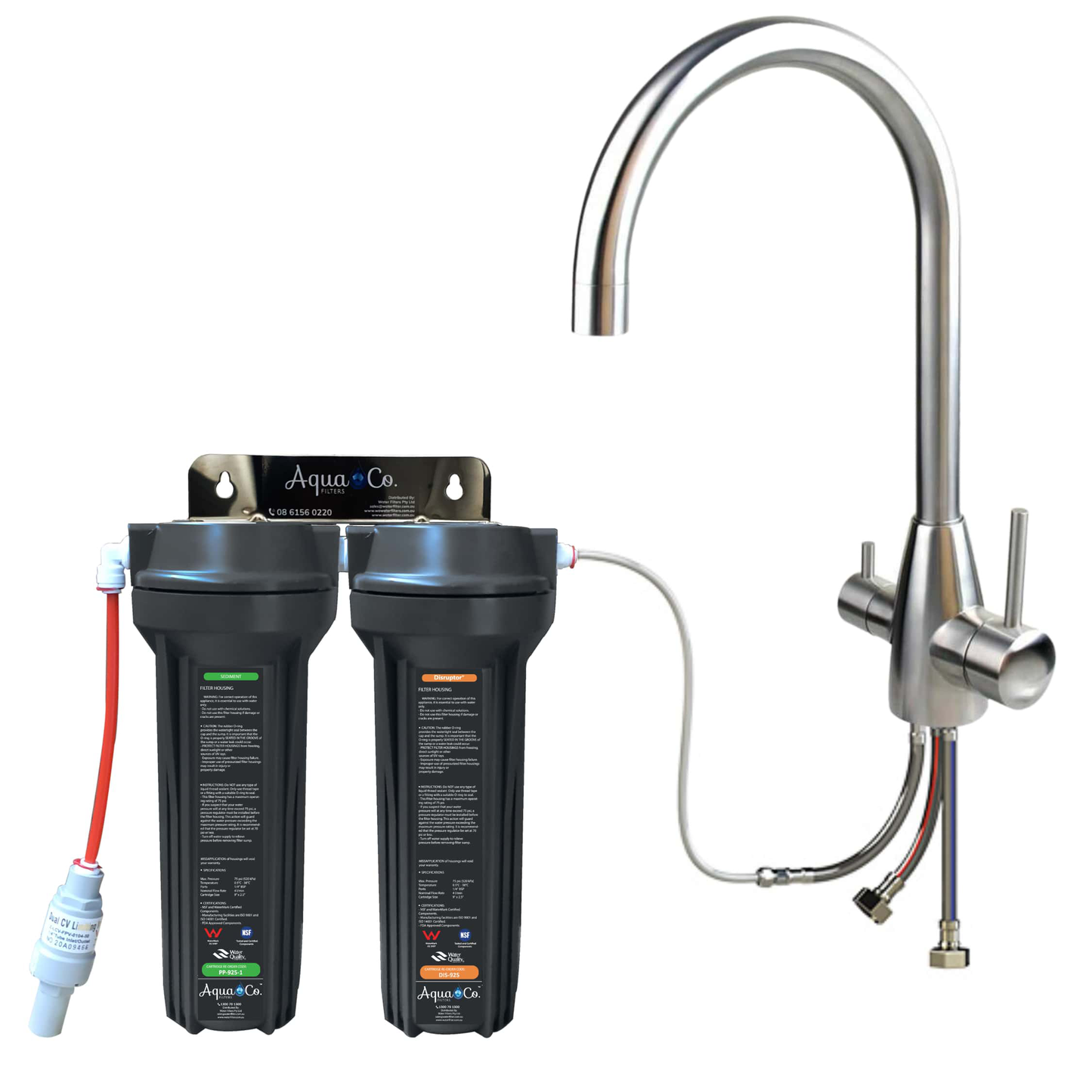 3 Way Mixer Tap with AquaCo SYS-925SD Undersink Water Filter - Reduces PFAS Compounds, Chlorine, Taste, Odours, Parasites, Bacteria and Lead.