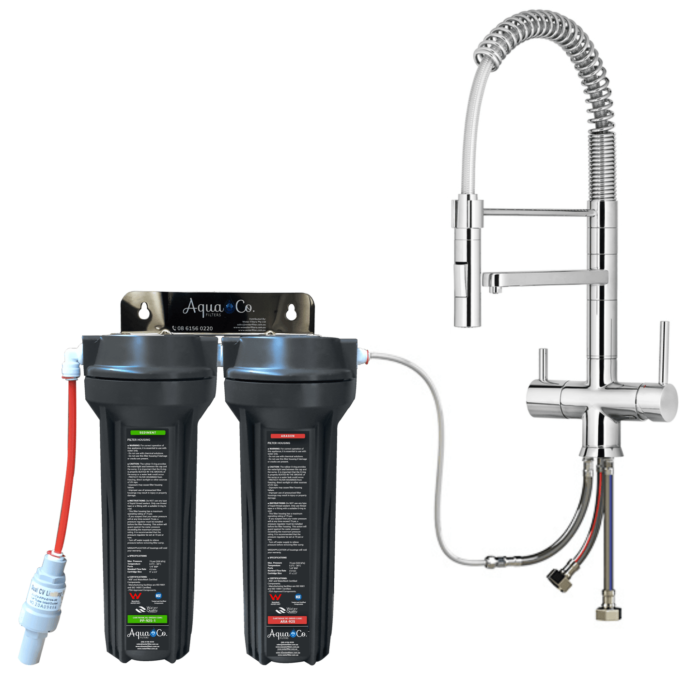 3 Way Mixer Tap with AquaCo SYS-925SD Undersink Water Filter - Reduces PFAS Compounds, Chlorine, Taste, Odours, Parasites, Bacteria and Lead.