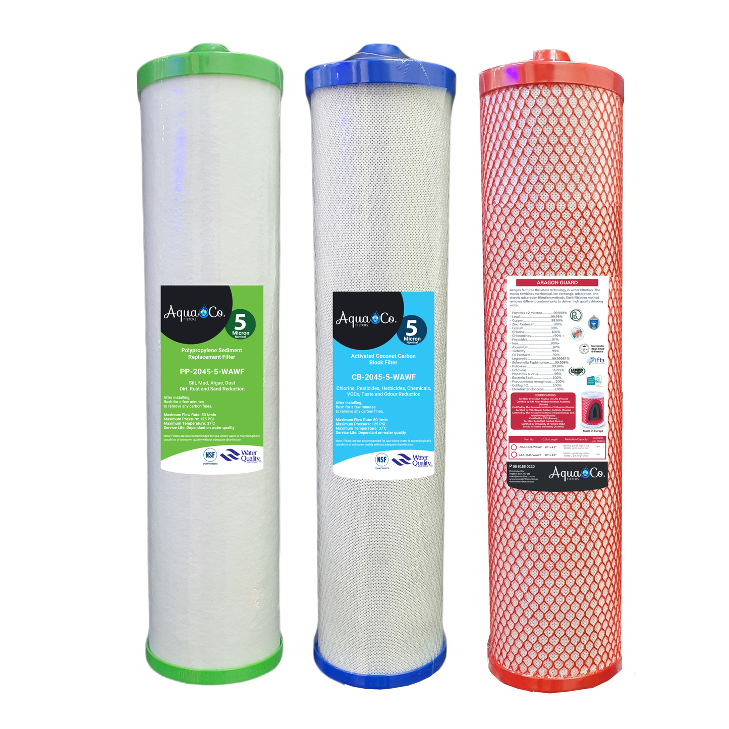 AquaCo Premium Bundle Deal: 20" x 4.5" Sediment, Carbon & Aragon Replacement Filters