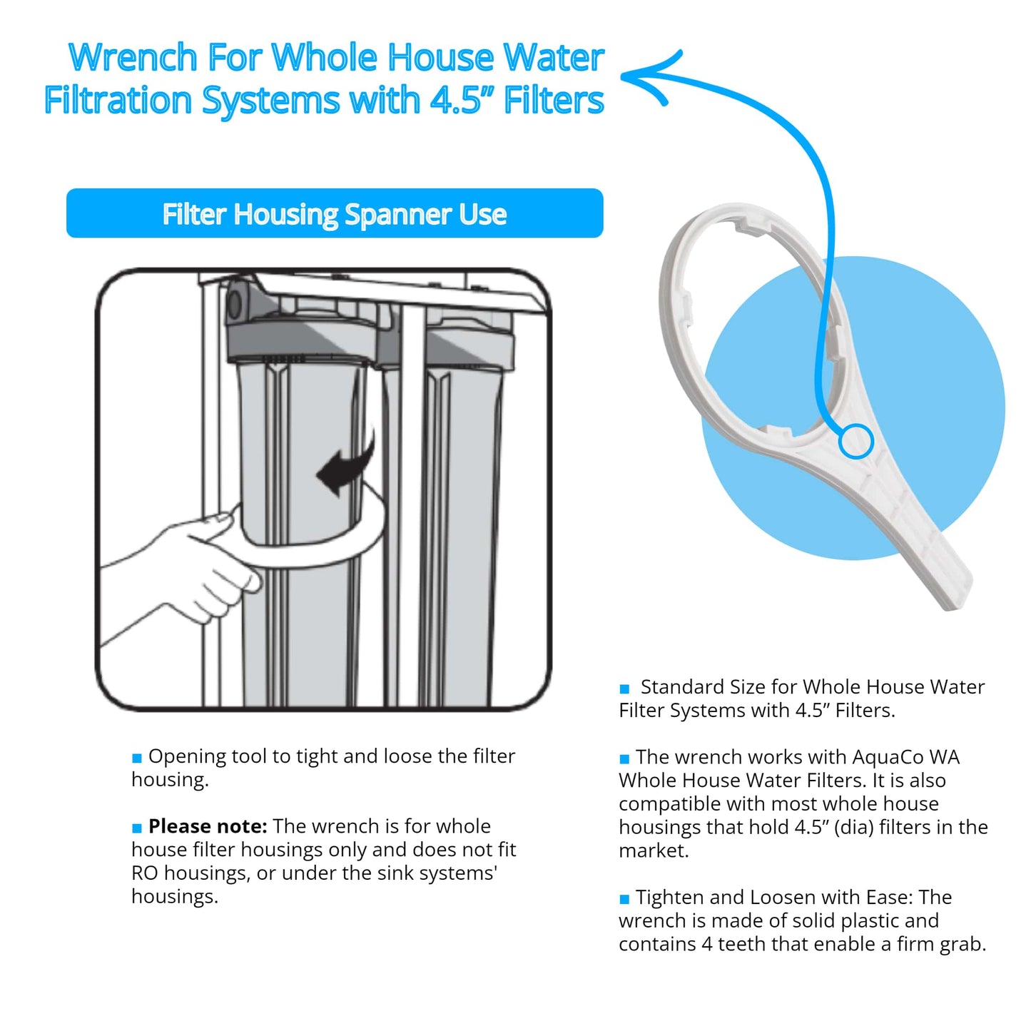 Wrench For Whole House Water Filtration Systems with 4.5” Filters, White