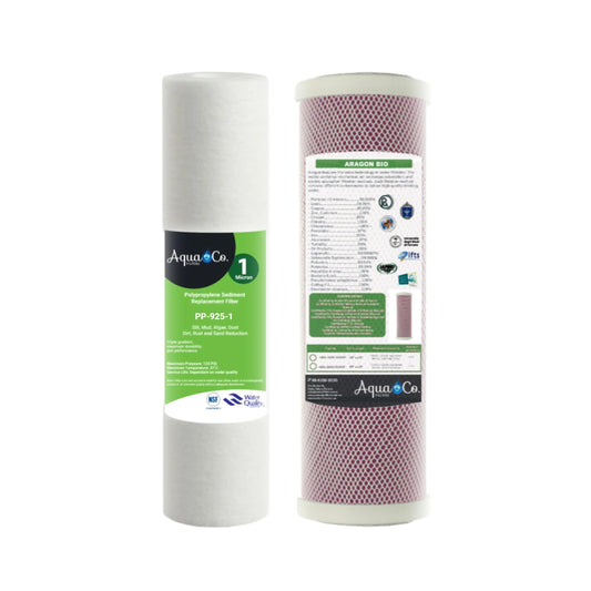 AquaCo 9" x 2.5" Sediment and Aragon Replacement Filters - Reduce Chlorine, Taste, Odours, Parasites, Bacteria and Lead.