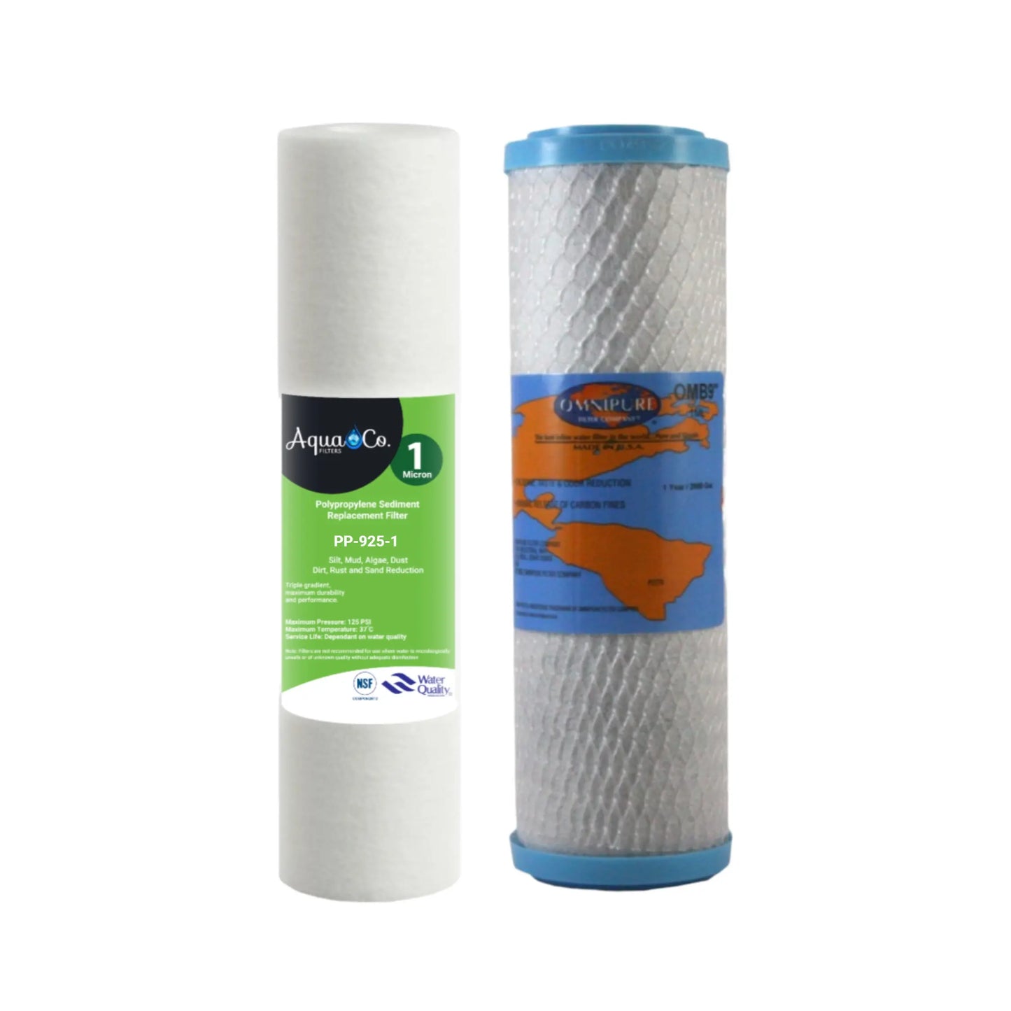 AquaCo 9" x 2.5" Sediment and Carbon Replacement Filters - Reduce Chlorine, VOCs, Taste, Odours, Colour, Parasites, and Heavy Metals