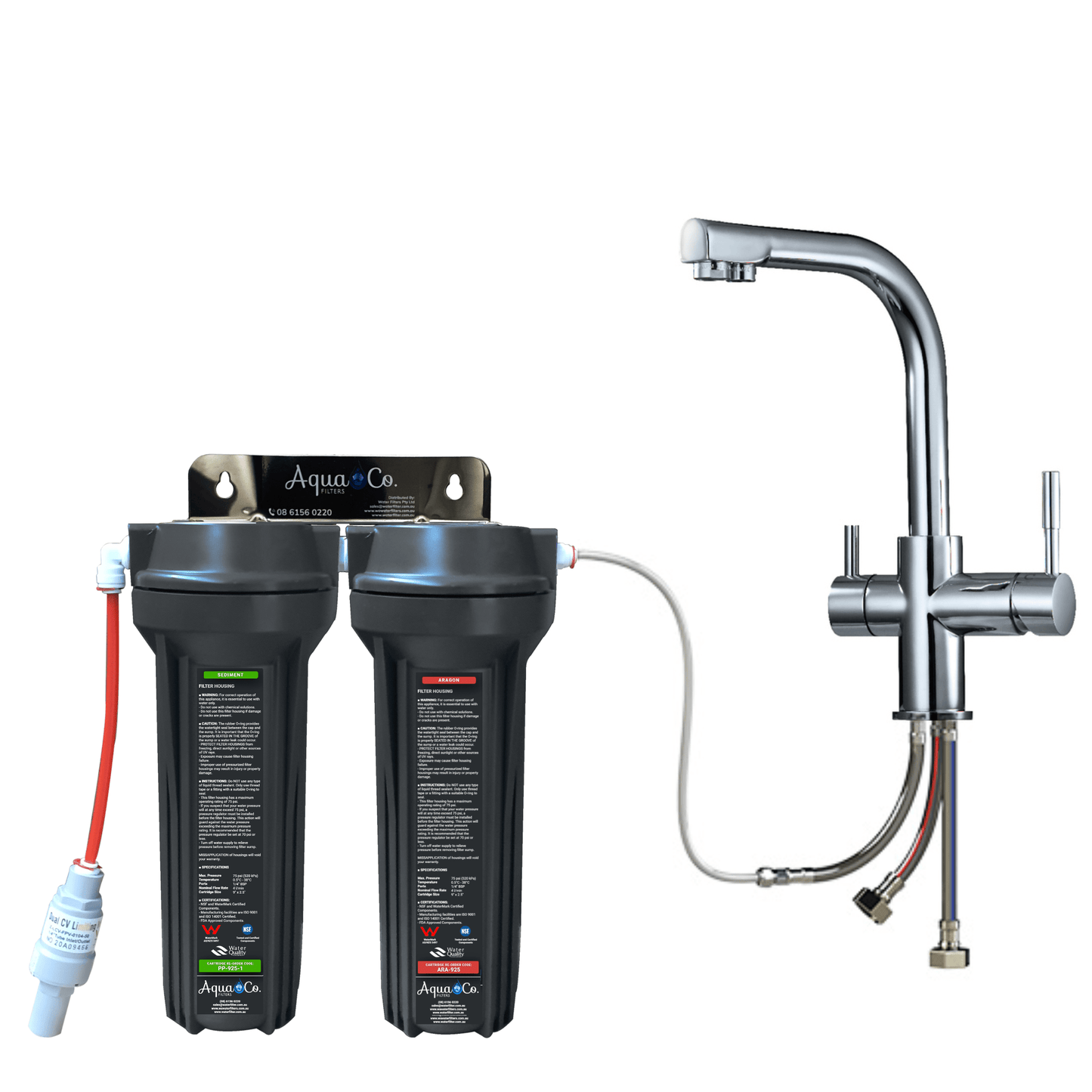 3 Way Mixer Tap with AquaCo SYS-925SA Undersink Water Filter - Reduces Chlorine, Taste, Odours, Parasites, Bacteria and Lead.