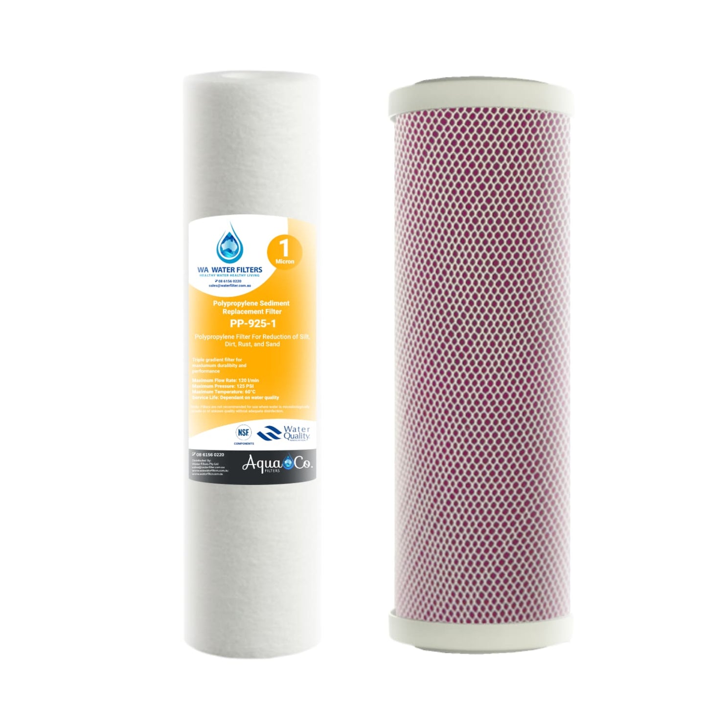 AquaCo 9" x 2.5" Sediment and Aragon Replacement Filters - Reduce Chlorine, Taste, Odours, Parasites, Bacteria and Lead.